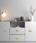 Gold Leopard Drawer Knobs 4 Piece Set For Dresser Cabinet Wardrobe Dope Animal Pulls Zinc Alloy Rust Resistant And Anti Corrosion 52mm 37mm 22mm Easy Install on white cabinet