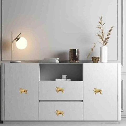 Gold Leopard Drawer Knobs 4 Piece Set For Dresser Cabinet Wardrobe Dope Animal Pulls Zinc Alloy Rust Resistant And Anti Corrosion 52mm 37mm 22mm Easy Install on white cabinet