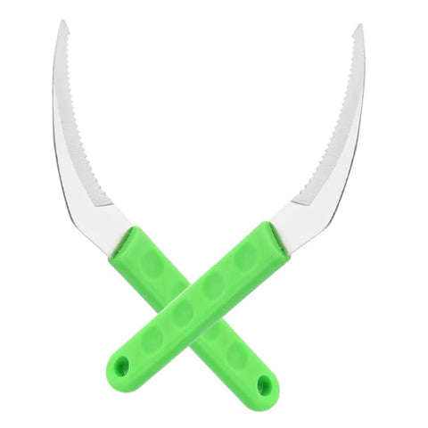 Two hand scythes from 6 Piece Gardening Scythe Set All In One Hand Tools For Weeding Grass Cutting And Lawn Care, green handles crossed