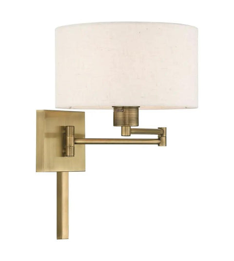 Bronze Finish One Light Swing Arm Wall Lamp With Oatmeal Fabric Shade Twenty Four And A Quarter Inch Includes Three Way Switch