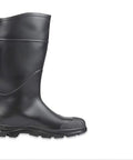 Mens Heavy Duty 14 Inch Steel Toe Work Boots Black Size 10 side view showcasing seamless waterproof PVC material.