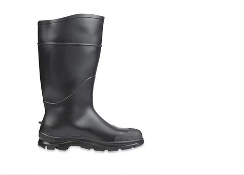 Mens Heavy Duty 14 Inch Steel Toe Work Boots Black Size 10 side view showcasing seamless waterproof PVC material.