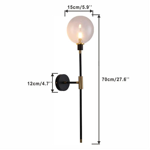 Industrial Gold And Black 1 Light Wall Sconce With Long Arm And Globe Glass Shade Delivers A Lit Glow Modern Wall Mounted Lamp, dimensions shown