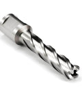 Oscarbide 1/2in x 2in HSS annular cutter with Weldon shank, angled side view, silver metal