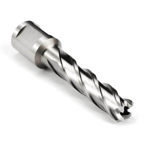 Oscarbide 1/2in x 2in HSS annular cutter with Weldon shank, angled side view, silver metal