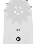 Detail view of 3/8 pitch component of 24 To 25 Inch Laminated Chainsaw Guide Bar And Saw Chain Combo With Three Eighths Pitch And 0.063 Gauge 84DL