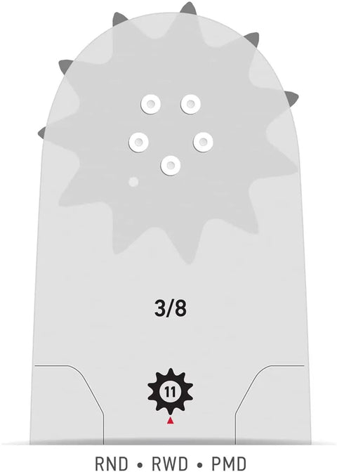 Detail view of 3/8 pitch component of 24 To 25 Inch Laminated Chainsaw Guide Bar And Saw Chain Combo With Three Eighths Pitch And 0.063 Gauge 84DL