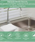 60 Pack 14x17 Inch White Bar Mop Towels on kitchen sink, 100% cotton, absorbent, durable, multipurpose cleaning towel displayed