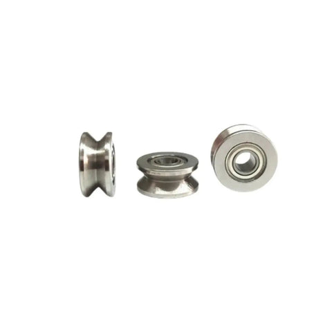 Ten Pack Of Super Smooth Deep Groove Mini Bearings For Wire Guide Tracks And Over Line Pulleys With V Groove Design showing polished metal design.