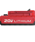 Side view of red 20V Max lithium battery for 20V Max Impact Driver With Battery And Charger Included One Quarter Inch Chuck 2700 RPM Brushless Motor.