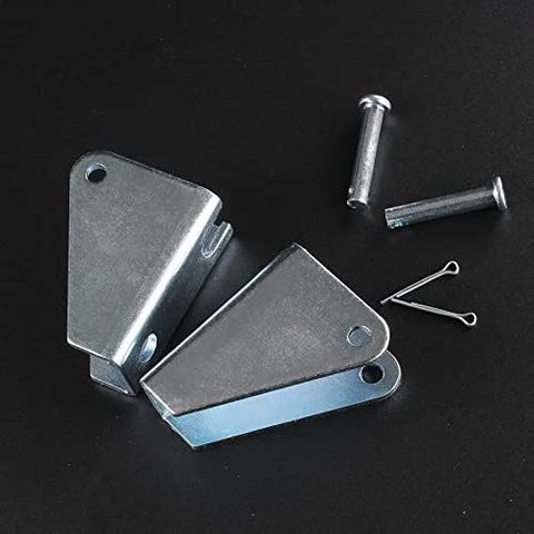 Flat lay of two silver steel mounting brackets for a linear actuator with screws and cotter pins.
