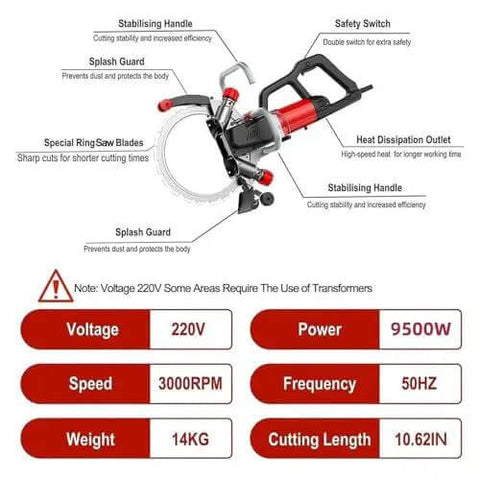 Pro Built Brushless Concrete Circular Saw With 370Mm Blade and Fast 270Mm Cut Depth featuring safety switch and stabilizing handle.