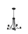 Five Light Black Glass Chandelier With Rustic Metal Pendant Lighting For Farmhouse Kitchen Living Room Foyer And Dining Area Ceiling Mount E26 Base Dimmable Bulbs Hardwired Installation Vintage Rustic Vibe with curved black metal frame and clear glass shades.