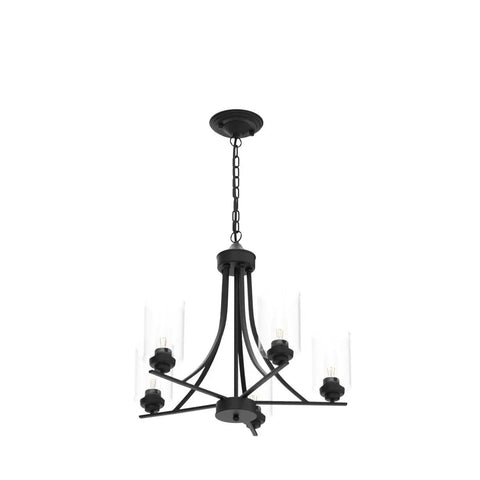 Five Light Black Glass Chandelier With Rustic Metal Pendant Lighting For Farmhouse Kitchen Living Room Foyer And Dining Area Ceiling Mount E26 Base Dimmable Bulbs Hardwired Installation Vintage Rustic Vibe with curved black metal frame and clear glass shades.