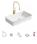 USZWBY Vessel Sinks Phnom Penh Small Size Above Counter Basin round ceramic sink with gold trim and faucet.