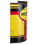 Distressed vintage Pennzoil wall decor resembling a half oil can with classic gas station vibe, ideal for garages and man caves.