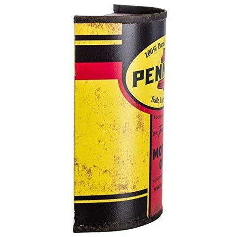 Distressed vintage Pennzoil wall decor resembling a half oil can with classic gas station vibe, ideal for garages and man caves.