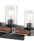 Barrington Distressed Black And Wood Cylinder Vanity Light With Classic Seeded Glass Shades Four 60W Vintage Style Bulbs