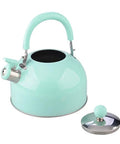 Heavy Duty Stainless Steel Water Kettle With Slick Pastel Exterior And Zero Scald Handles Providing A Dang Fast Boil Speed While Incorporating A Trustworthy Auto Whistle Alarm For Daily Household Prep, side view with lid.