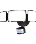 Patriot Lighting Tri-Head 180° Motion Sensing LED Black Security Flood Light Porch Light with three adjustable light heads.