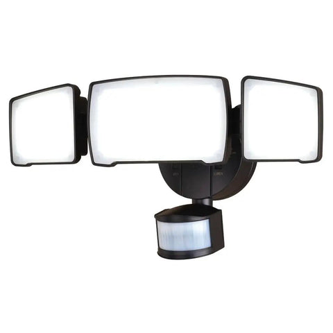 Patriot Lighting Tri-Head 180° Motion Sensing LED Black Security Flood Light Porch Light with three adjustable light heads.