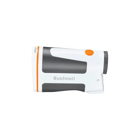 Side view of Edge Disc Golf Laser Rangefinder With Slope And PinSeeker Technology, Waterproof Design, orange accent on body.