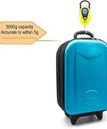 Beefy Hanging Scale With 11 Pound Capacity, LCD Digital Weigh Scale In Bright Yellow weighing a blue suitcase, reads grams or ounces.