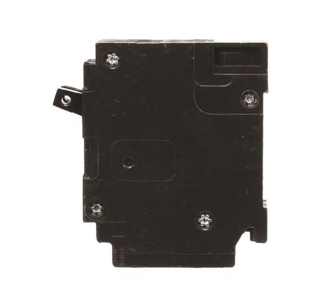 Q2020NC Two Single Pole 120 Volt Non Current Limiting Circuit Breaker 20 Amp Black For QT Style Plug In Panels Space Saving Design And Easy Install In Residential Load Centers. black duplex circuit breaker side view with mounting screws