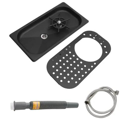 Heavy Duty 304 Stainless Steel Glass Rinser Countertop Pitcher Washer with built-in drain tray and jet hose components.