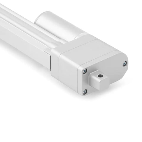 Side view of Potentiometer Feedback Mini Linear Actuator, 12V DC, 8 Inch Stroke, 56 Lbs Thrust, IP65 Water Resistant, brushed motor housing.