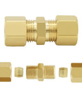 Solid brass compression fittings for ice maker water line connectors, showing corrosion-resistant brass construction, ideal for refrigeration lines.
