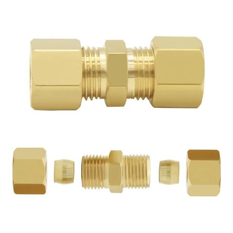 Solid brass compression fittings for ice maker water line connectors, showing corrosion-resistant brass construction, ideal for refrigeration lines.