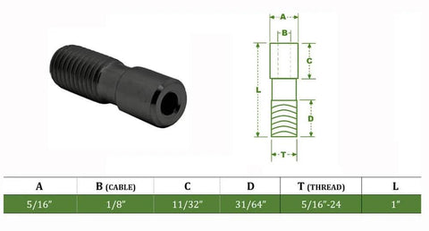 Stainless Steel T316 Streamline Stud For 1/8 Inch Cable UNF 5/16-24 Thread 1 Inch Length Molybdenum Disulfide Coating dimensions