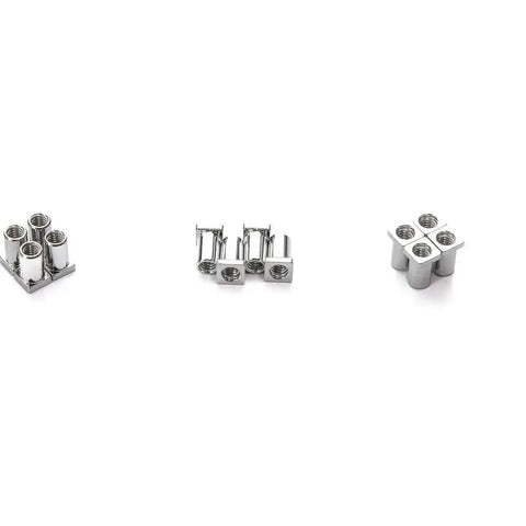 7/32 Inch Drum Swivel Nuts 12 Pack Replacement Parts for Lug Casing - Precision Fit Tension Rod Inserts for Snare, Tom, and Bass Drums - Durable Percussion Accessory for Tight, Secure Tuning., silver metal drum swivel nuts shown in three angles on white background