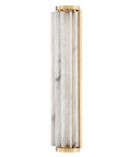 Sleek Modern Wall Sconce with Polished Nickel Finish and Sweeping Spanish Alabaster Fins Creates a Killer Wave Design for Your Living Room, featuring Opal Matte Glass Tube for Ambient Sweet Lighting in Contemporary Style Measuring 24.5 Inches High By 6, side view showing polished nickel and alabaster details.