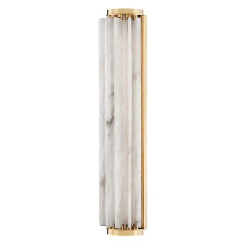 Sleek Modern Wall Sconce with Polished Nickel Finish and Sweeping Spanish Alabaster Fins Creates a Killer Wave Design for Your Living Room, featuring Opal Matte Glass Tube for Ambient Sweet Lighting in Contemporary Style Measuring 24.5 Inches High By 6, side view showing polished nickel and alabaster details.