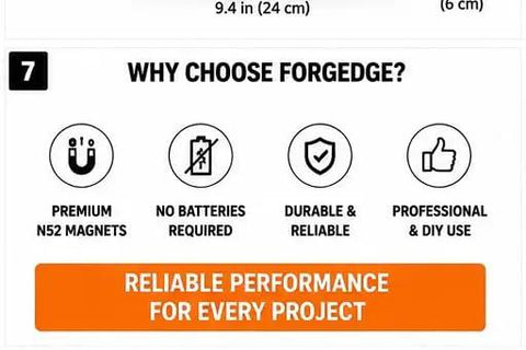 FORGEDGE Magnetic Stud Finder Set, 2-Pack with Level, Tape Measure, Carpenter Pencil & Storage Case product features display.