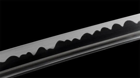 Close-up of 40 Inch Japanese Iaito For Training With Dull Blade Handmade Full Tang Practice Sword showing blade pattern design.