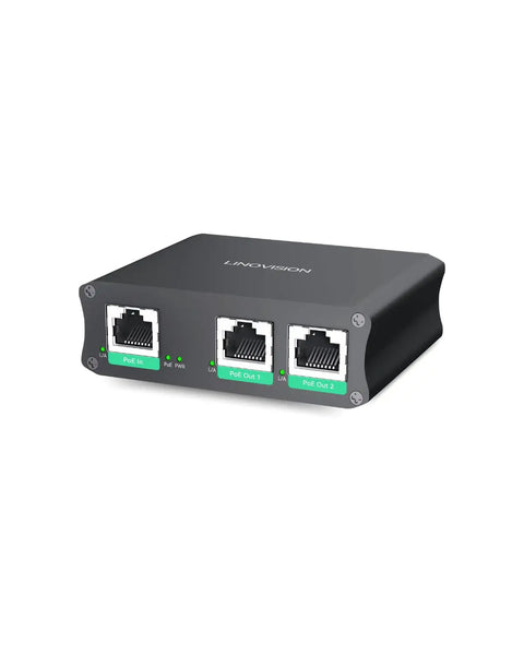Heavy Duty 2 Port Gigabit PoE Extender with passthrough for CCTV, shown with three ports on a compact black metal body