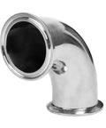 Side view of stainless steel 90-degree sanitary elbow, 2-inch tube OD with 64mm tri-clamp ferrule and flange