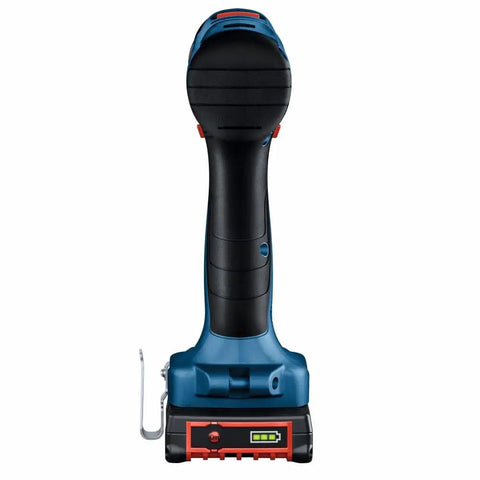 Rear view of 18V Compact Brushless Drill Driver Kit With One Half Inch Chuck And 2 Ah Battery showing handle and battery indicator