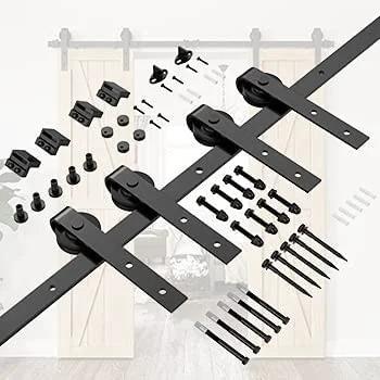 Bypass Sliding Barn Door Rail Hardware Kit For Double Doors Monorail Barn Door System Carbon Steel Black Powder Coat