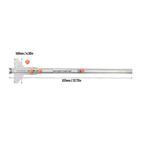 Rock Solid Router Milling Bracket With Adjustable Circle Cutting Jig And Straight Edge Guide top view of stainless steel ruler measuring 831mm.
