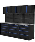Hella Tough Nine Piece Modular Garage Tool Storage System With Locking Cabinets Stainless Steel Workbench And Wall Pegboard Organizer For Your Ultimate Workshop Rig with four drawer bases and double door units.