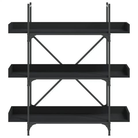Front view of Three Tier Industrial Bookshelf With Adjustable Shelves Sturdy Metal Frame And Engineered Wood Construction Black 42.7 Inch Tall
