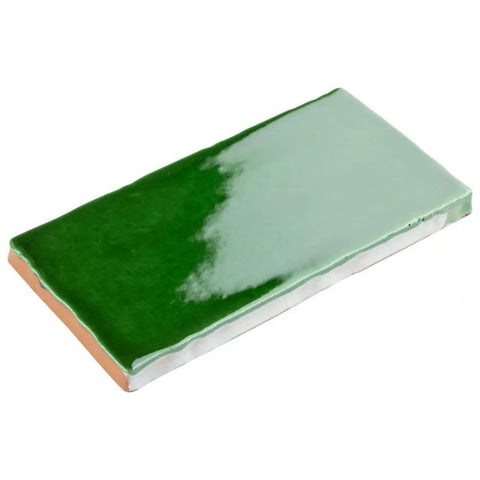Viva Antic Verde 3x6 Ceramic Wall Tile With Dope Glazed High Sheen Finish, close-up showing green crackle glaze and uneven edges.
