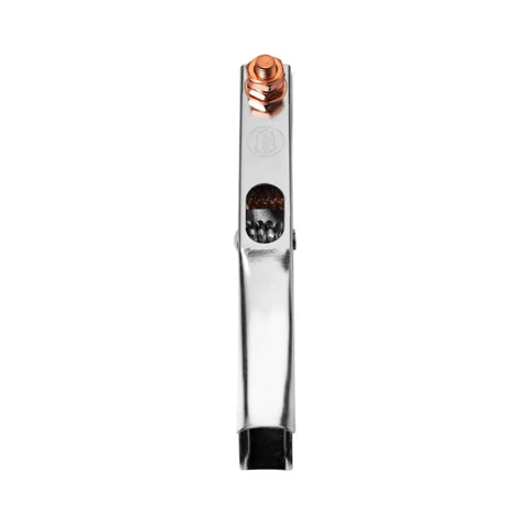 Heavy Duty 500A Electroplated Ground Clamp With Braided Copper Shunt And Silver Plated Jaw, silver and copper clamping mechanism.