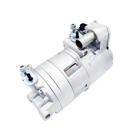 Heavy Duty AC Compressor For BMW I8 Hybrid Electric Vehicle Direct Fit Replacement Oem 64529332199 side view, aluminum housing with fittings.