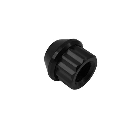 Close-up of Beefy Titanium Lug Nuts Set 20 PC 12 Point Stud Lock M12x1.5 And M14 Threads Open End Black Ti GR5 6AL4V Aerospace Grade.