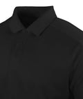 Men's Midweight Short Sleeve Polo Shirt in Classic Black Featuring 100 Percent Polyester Moisture Wicking Snag Resistant Fabric close-up view.
